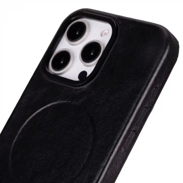 Apple iPhone 16 Pro Max uyumlu, Hakiki Deri, El Yapımı Kılıf, Parlak Siyah