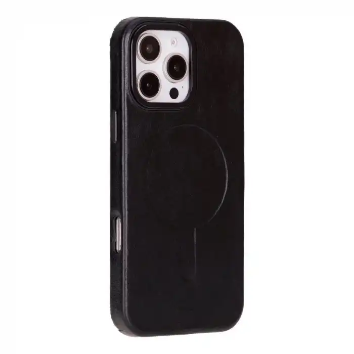 Apple iPhone 16 Pro Max uyumlu, Hakiki Deri, El Yapımı Kılıf, Parlak Siyah