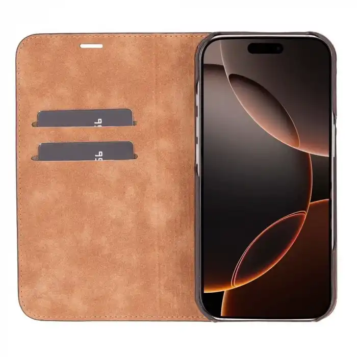 Apple iPhone 16 Pro uyumlu, Hakiki Deri, El Yapımı, Cüzdanlı Kılıf, Antik Kahve