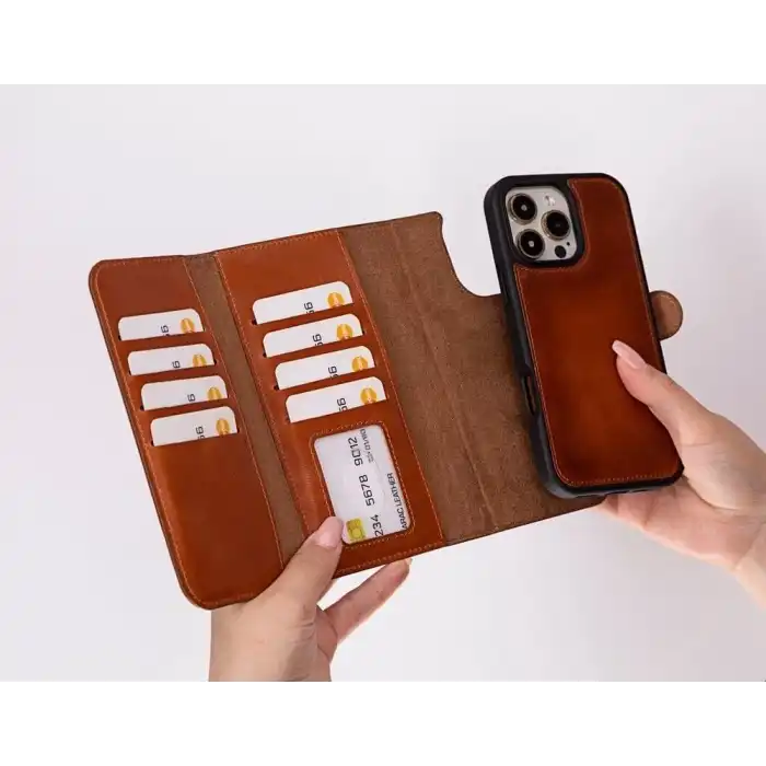 Apple iPhone 16 Pro uyumlu, Hakiki Deri, El Yapımı, Cüzdanlı Kılıf, Gölgeli Taba