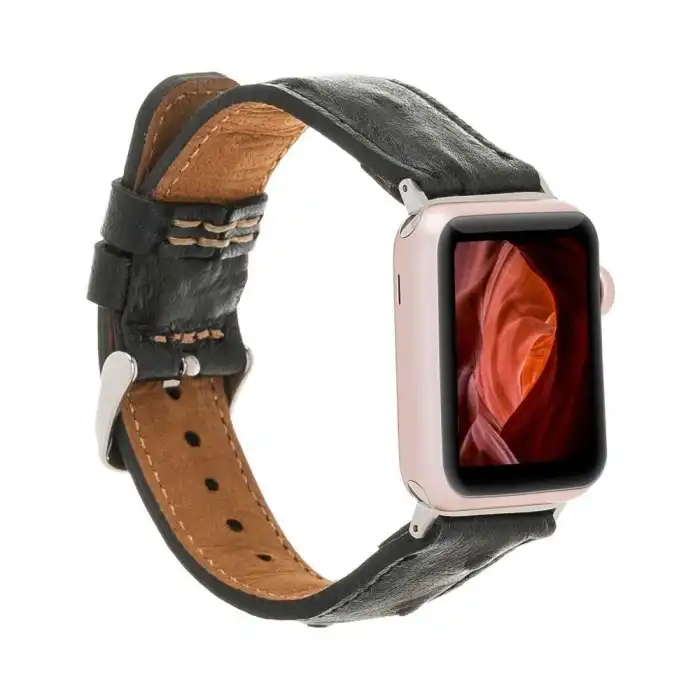 Apple Watch Uyumlu Deri Kordon 42-44-45mm DE5 Siyah