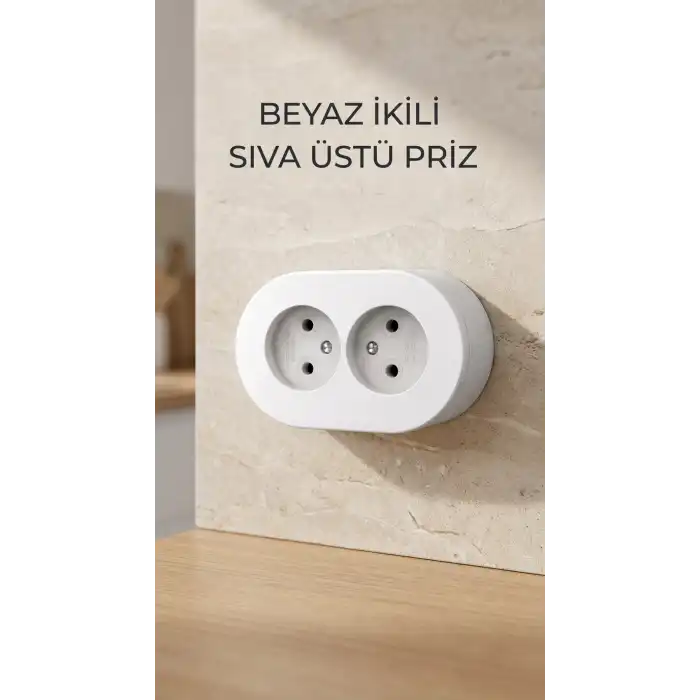 Beyaz İkili Sıva Üstü Dekoratif Topraklı Elektrik Prizi