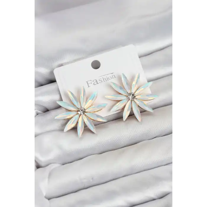 Beyaz Renk Kristal Taşlı Lotus Model Kadın Küpe