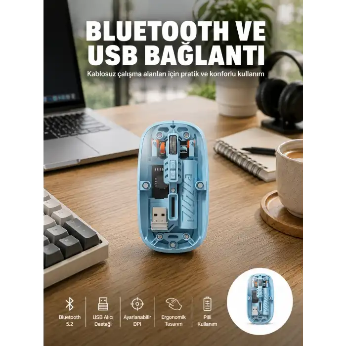 Bluetooth 5.2 Destekli Mavi Pilli Kablosuz Mouse Yeni Nesil