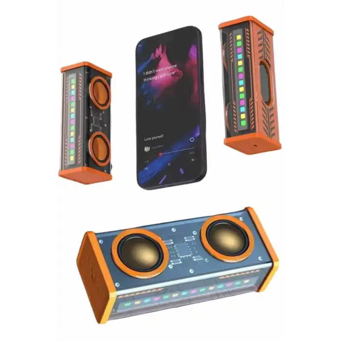 Bluetooth Hoparlör Şeffaf Mecha RGB Işıklı Çift Hoparlör 5.0 Bluetooth