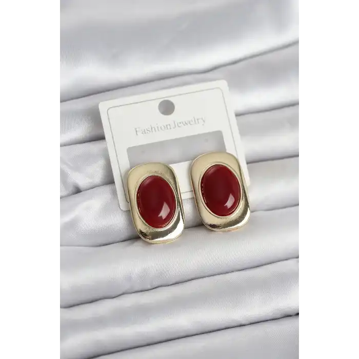 Bordo Renk Kare Model Vintage Kadın Küpe