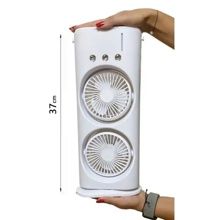 Buharlı Çift Pervaneli Işıklı Vantilatör Uzaktan Kumandalı Taşınabilir Şarjlı Midi Fan