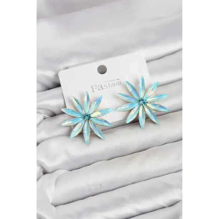 Buz Mavisi Kristal Taşlı Lotus Model Kadın Küpe