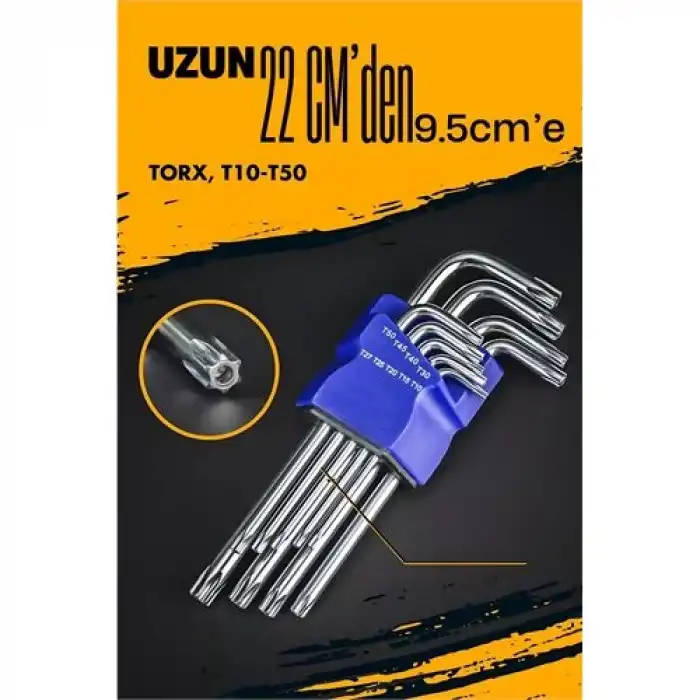 BX Uzun Torx Anahtar Seti Yıldız Alyan Seti - Torx Allen Anahtarı 9 Parça