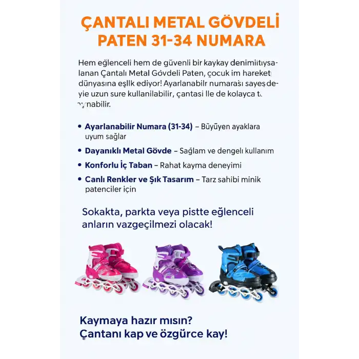 Çocuklar İçin Çantalı Metal Gövdeli Paten 31-34 Numara Ayarlanabilir