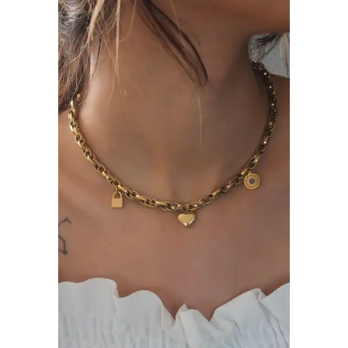 Çelik Gold Renk Kalın Zincir Model Kalp Figür Kadın Kolye