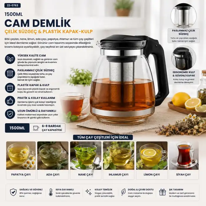 Çelik Süzgeçli Cam Demlik 1500ml Bx40