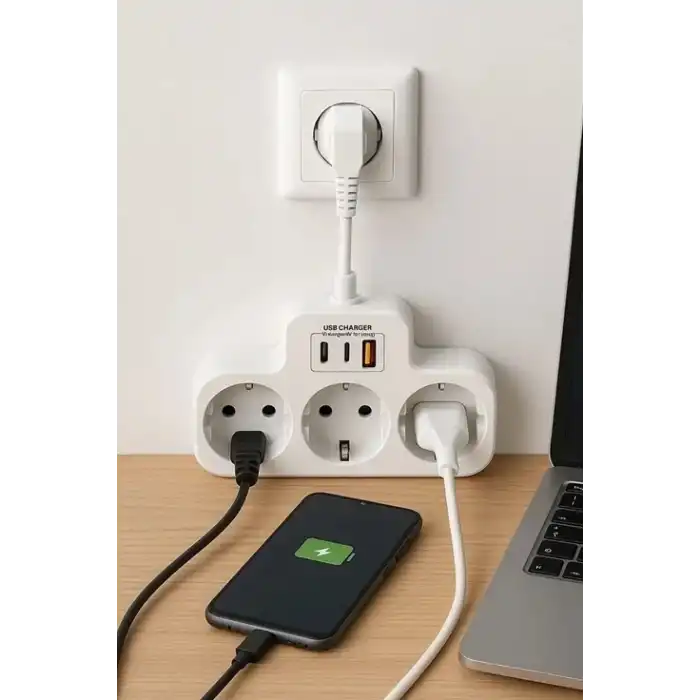 Çoklu Kablolu Priz Yüksek Gerilim Korumalı 3’lü Priz 1x Usb 2x Type-c Çıkışlı Grup Priz Çoğaltıcı Siyah