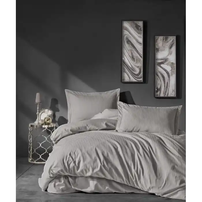 Cotton Box Çift Kişilik Saten Nevresim Takımı Elegante Stripe Bej