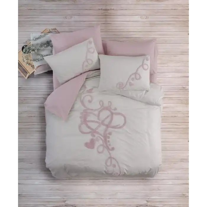 Cotton Box Puff Nakışlı Ranforce Çift Kişilik Anneler Günü Nevresim Takımı Bellini Pembe