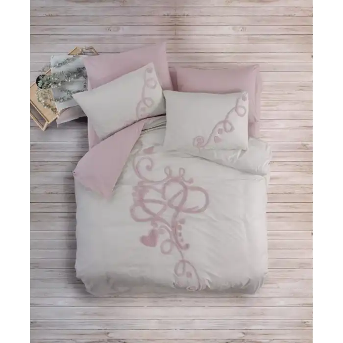 Cotton Box Puff Nakışlı Ranforce Çift Kişilik Anneler Günü Nevresim Takımı Bellini Pembe