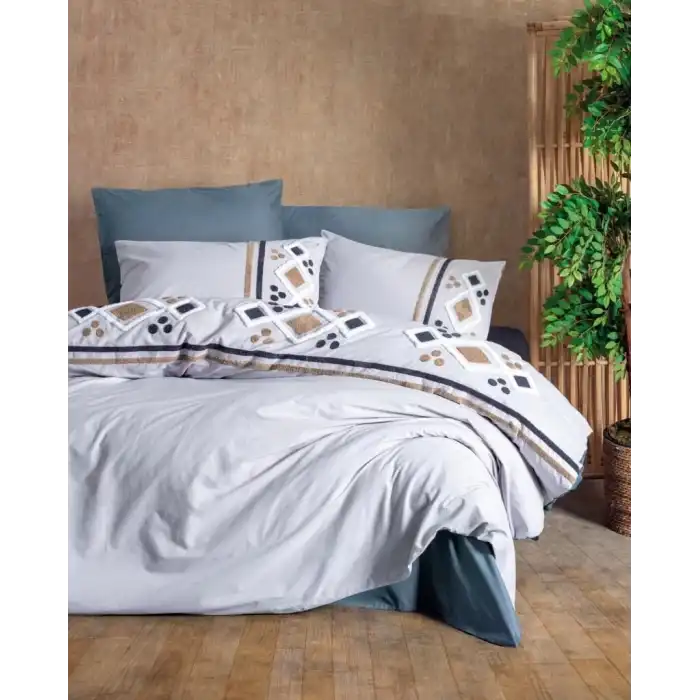 Cotton Box Puff Nakışlı Ranforce Çift Kişilik Nevresim Takımı Stesso Mavi