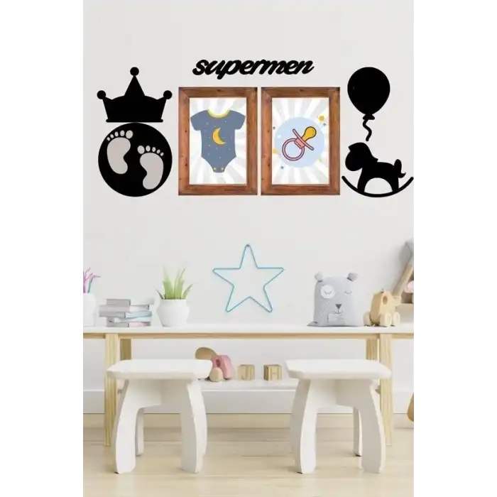 Deco103 Supermen Dekoratif Duvar Süsü Tablo Aksesuar Ahşap Tasarım Hediye Pano Sticker Seti