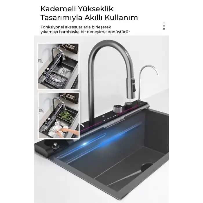 Dijital Akıllı Eviye Seti – LED Sıcaklık Göstergeli, Çift Şelale Musluklu, 360° Döner Sistem