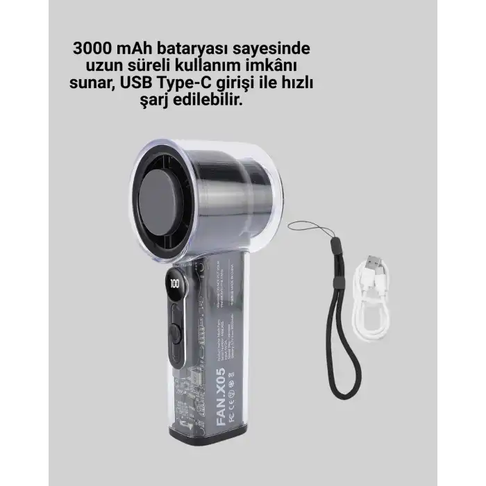 Dijital Ekranlı Şarjlı Mini Fan 100 Kademeli Hız Ayarı