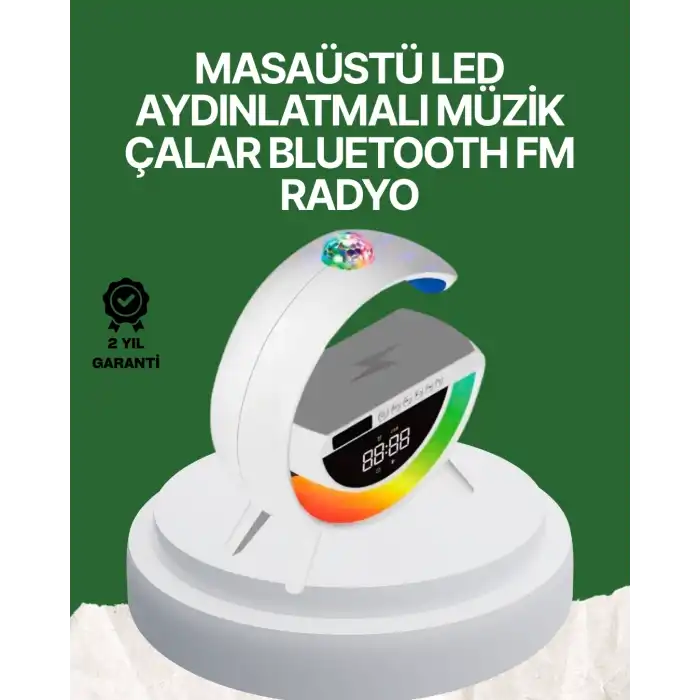 Dijital Saatli Kablosuz Şarj Destekli Rgb Led Işıklı Bluetooth Ses Sistemi