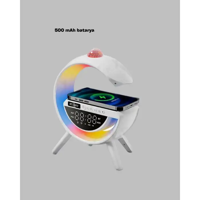 Dijital Saatli Kablosuz Şarj Destekli Rgb Led Işıklı Bluetooth Ses Sistemi