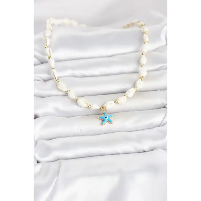 Doğal Deniz Kabuğu Dizili Mavi Yıldız Model Kolye