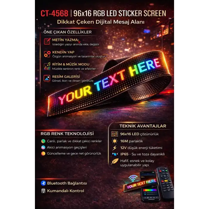 Eco Lounge 1 adet CATA CT 4568 Esnek Yapışkanl Matrix Led Panel 96X16 RGB