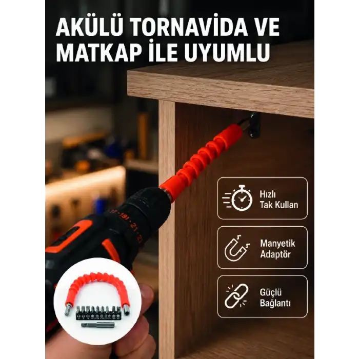 Esnek Bits Uç Seti 12 Parça Manyetik Adaptörlü Matkap Tornavida Aksesuarı