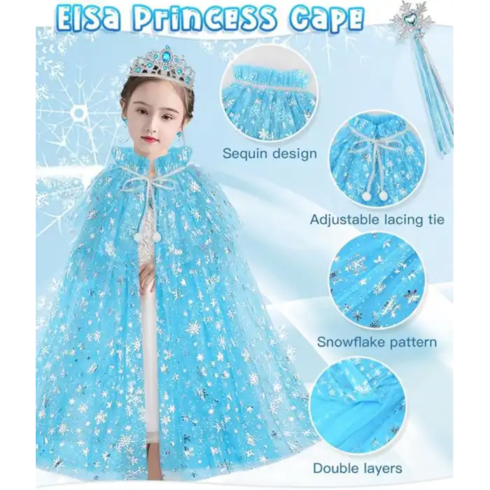Frozen Elsa Pelerin Taç Asa ve Eldiven Seti 80 cm