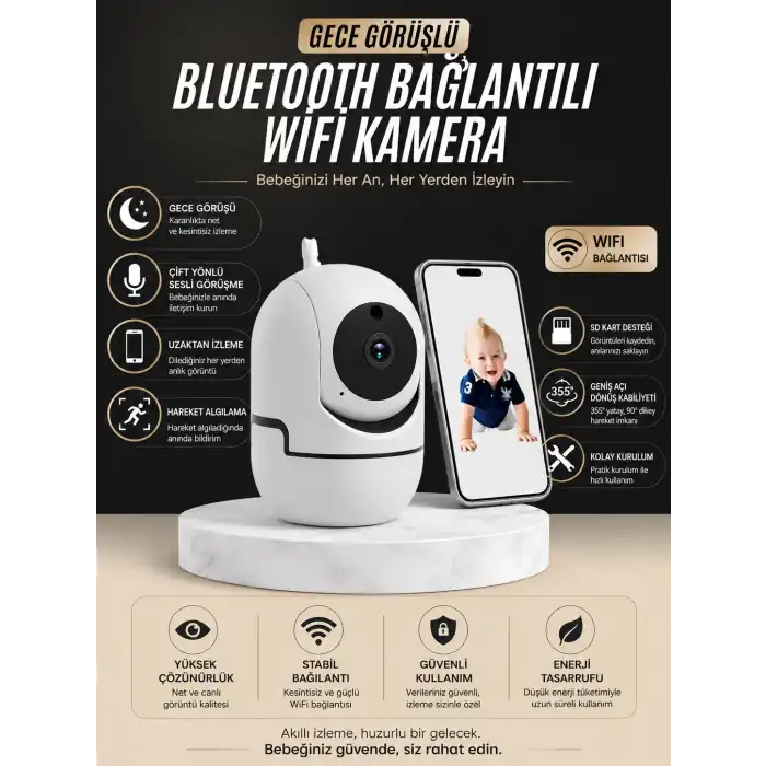 Gece Görüşlü Bebek Kamerası  Telefondan Canlı Takip Özellikli