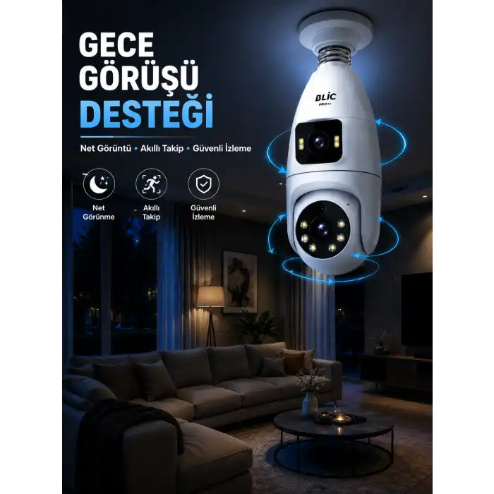 Gece Görüşlü Çift Lens Wi-Fi Ampul Kamera Mobil Takip Destekli