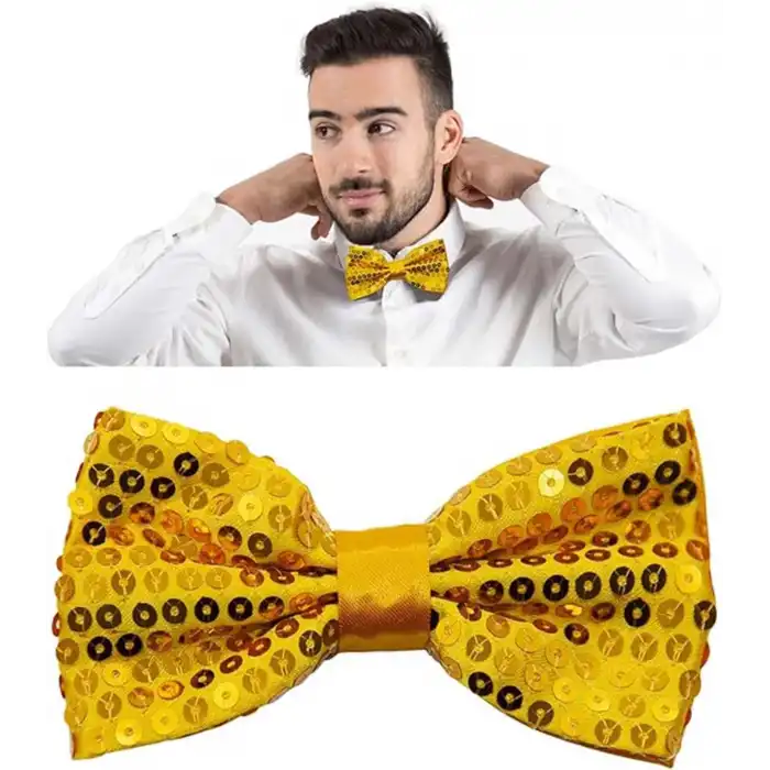 Gece Işıltısı Altın Payetli Pullu Papyon 7x2 cm