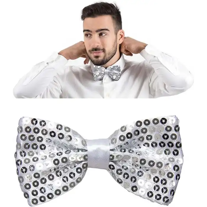 Gece Işıltısı Gümüş Payetli Pullu Papyon 7x2 cm