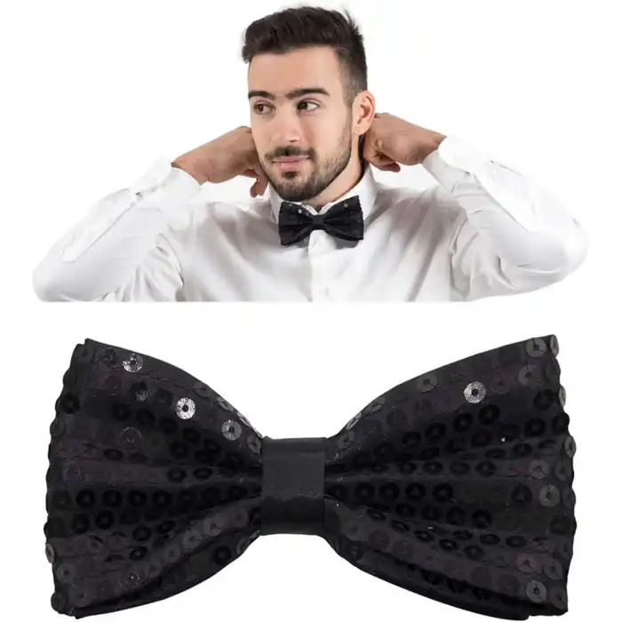 Gece Işıltısı Siyah Payetli Pullu Papyon 7x2 cm