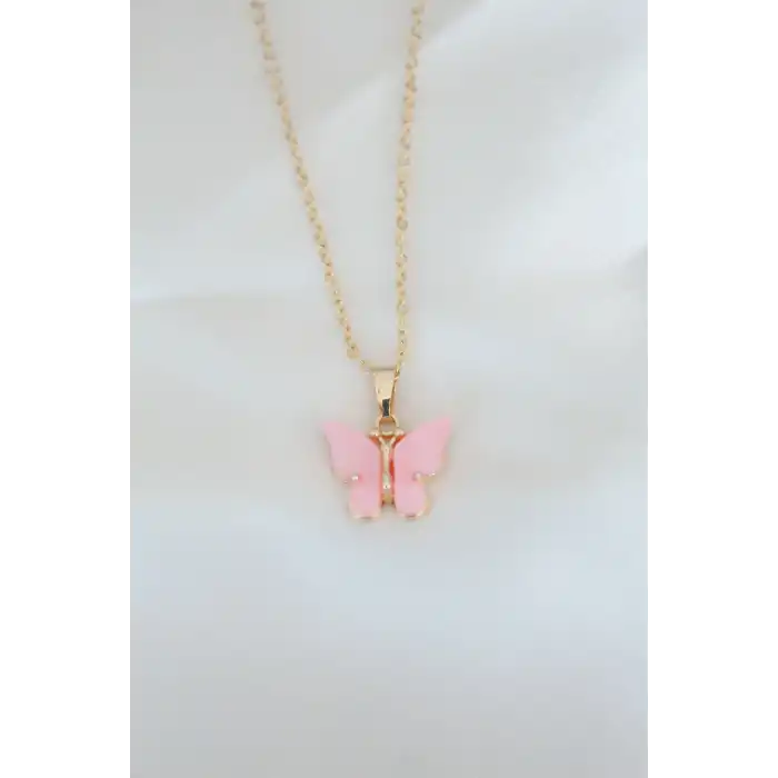 Gold Kaplama Pembe Sedefli Kelebek Kolye