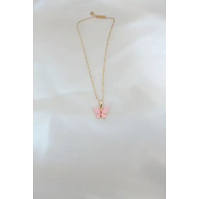 Gold Kaplama Pembe Sedefli Kelebek Kolye