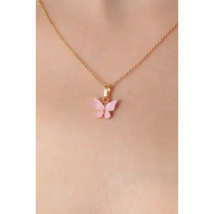 Gold Pembe Renk Kelebek Figür Kadın Kolye