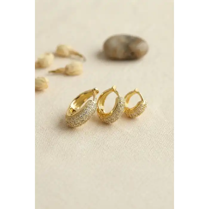 Gold Renk 3 lü Zirkon Taşlı Halka Küpe Set