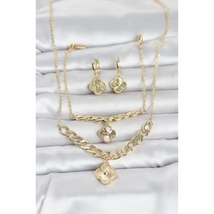 Gold Renk Pirinç Kolye Bileklik ve Küpe Seti