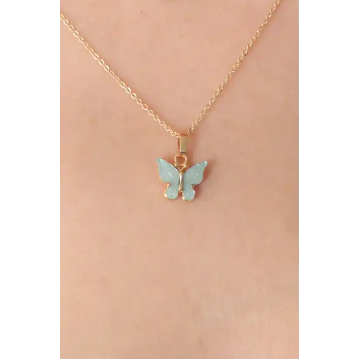 Gold Renk Su Yeşili Kelebek Figür Kadın Kolye