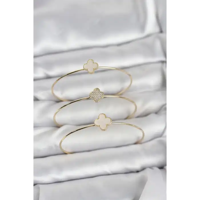 Gold Renk Yonca Model Zirkon Taşlı 3lü Kadın Bileklik Kombini