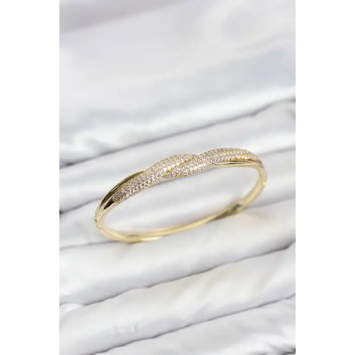 Gold Renk Zirkon Taşlı Sarmal Model Kadın Kelepçe Bileklik