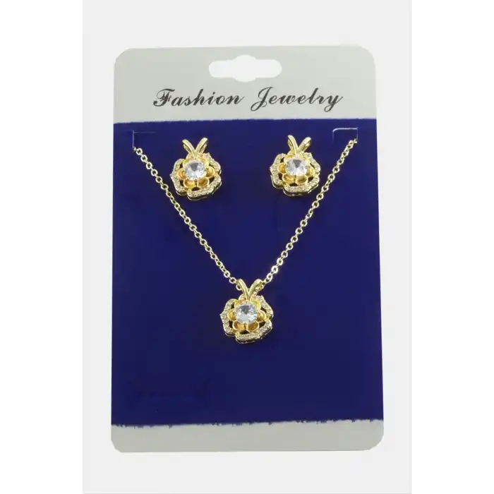 Gül Zirkon Taşlı Set Kolye
