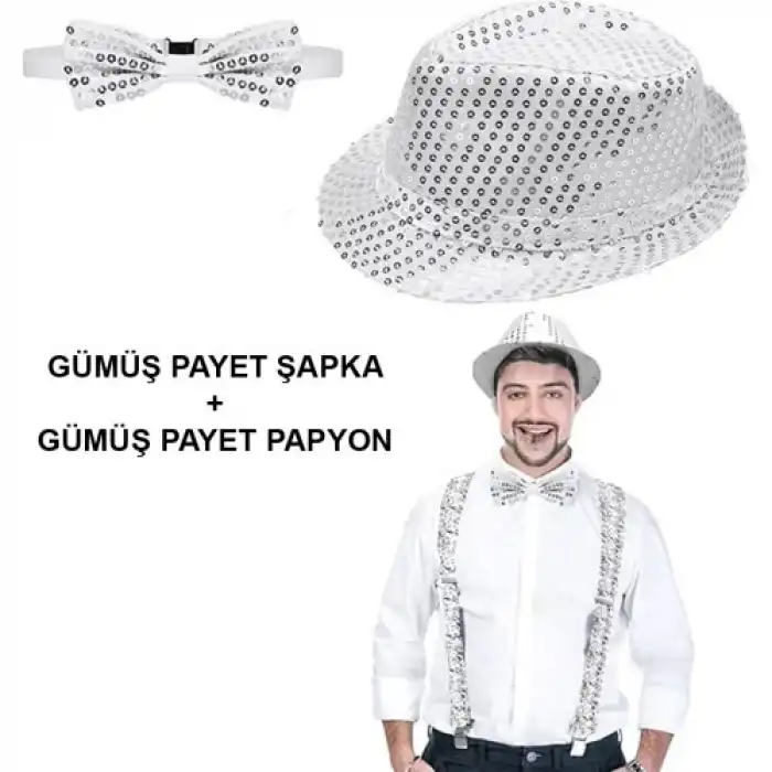 Gümüş Payetli Şapka ve Papyon Seti – Parıltılı Yetişkin Kostüm Seti