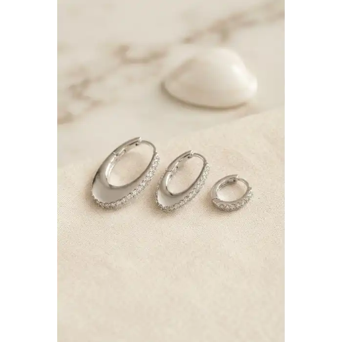 Gümüş Renk Oval Halka Model Zirkon Taşlı 3 lü Küpe Set