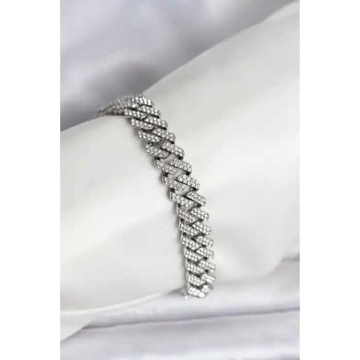 Gümüş Renk Pirinç Cuba Chain Gurmet Bileklik