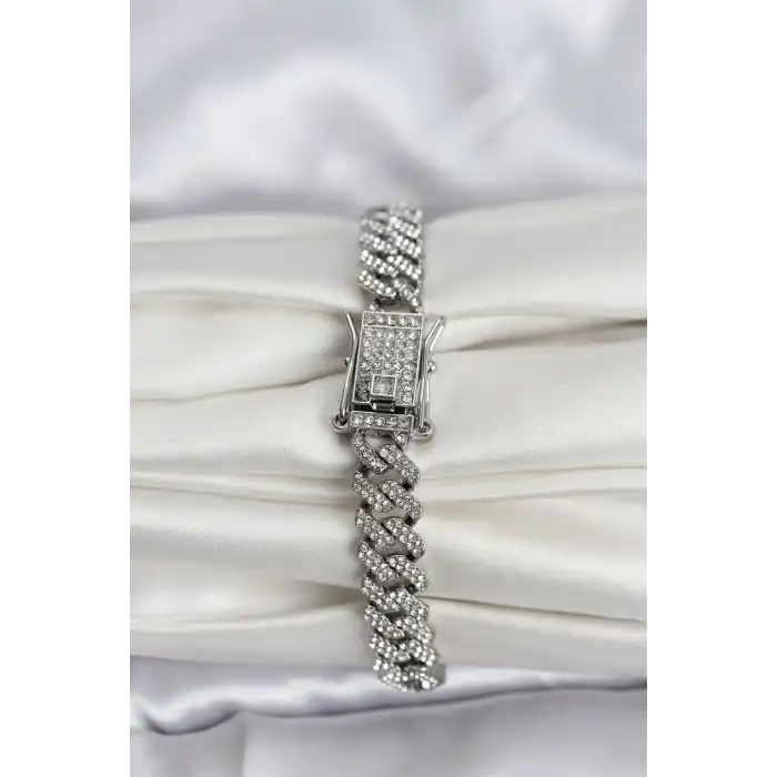 Gümüş Renk Pirinç Cuba Chain Gurmet Bileklik