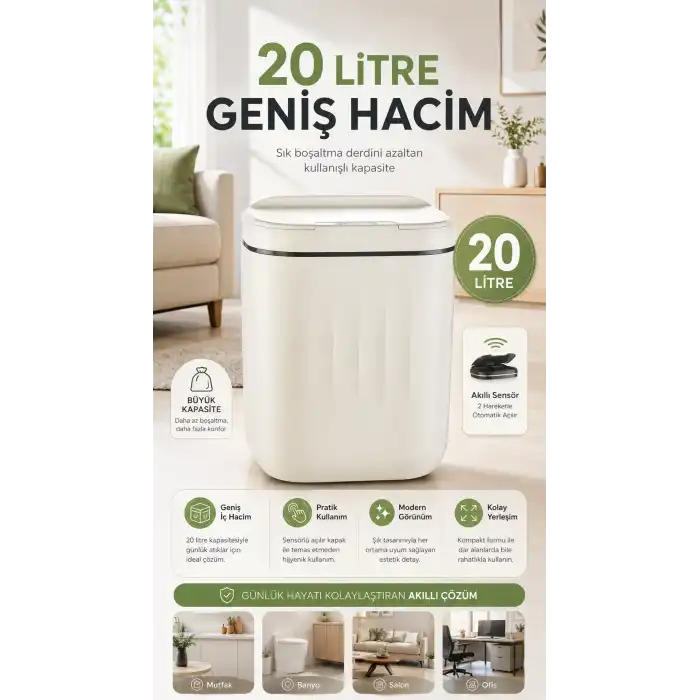 Hareket Sensörlü Büyük 20L Çöp Kovası UV Işıklı