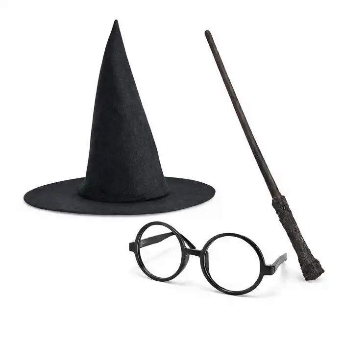 Harry Potter Tarzı Çocuk Seti (Siyah Keçe Şapka, Asa, Gözlük)